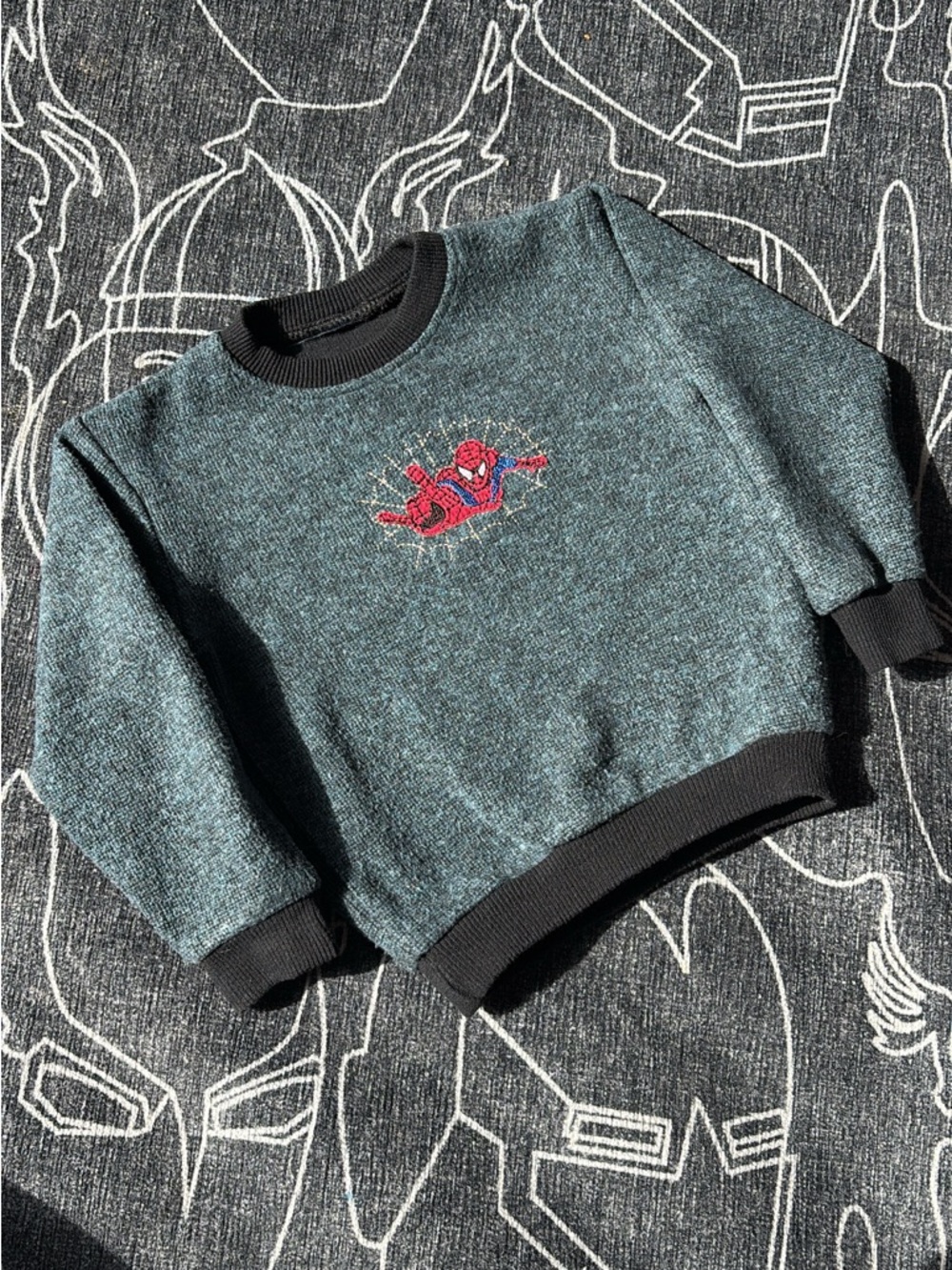 Toddler Heather Teal Crewneck Sweater with Spider Embroidery